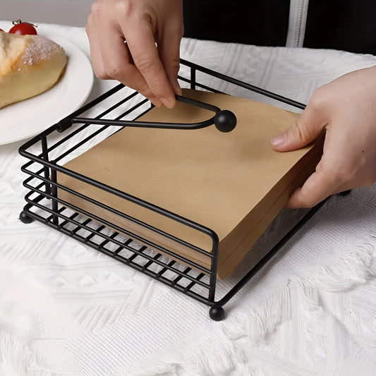 Vurast Minimalist Iron Napkin Holder with Weighted Tension Arm - Modern Metal Square Paper Countertop Dispenser for Kitchen and Dining Tables