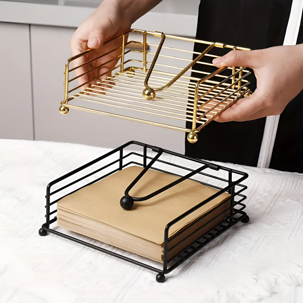 Vurast Minimalist Iron Napkin Holder with Weighted Tension Arm - Modern Metal Square Paper Countertop Dispenser for Kitchen and Dining Tables