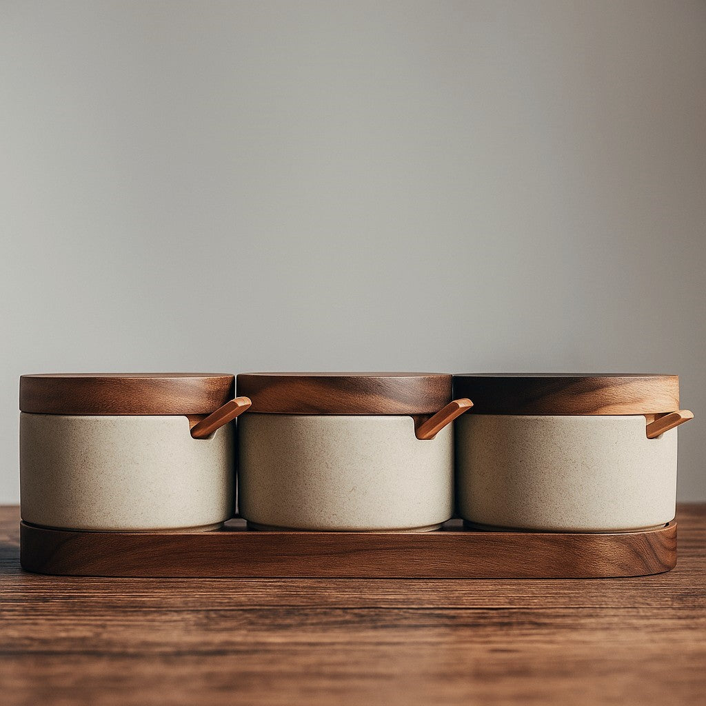 Vurast Minimalist Ceramic Seasoning Jar and Oil Bottle Organizer Set with Bamboo Lids and Tray - Refillable Kitchen Counter Dispenser Pack