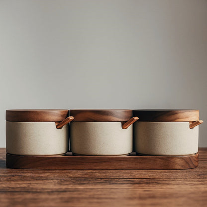 Vurast Minimalist Ceramic Seasoning Jar and Oil Bottle Organizer Set with Bamboo Lids and Tray - Refillable Kitchen Counter Dispenser Pack