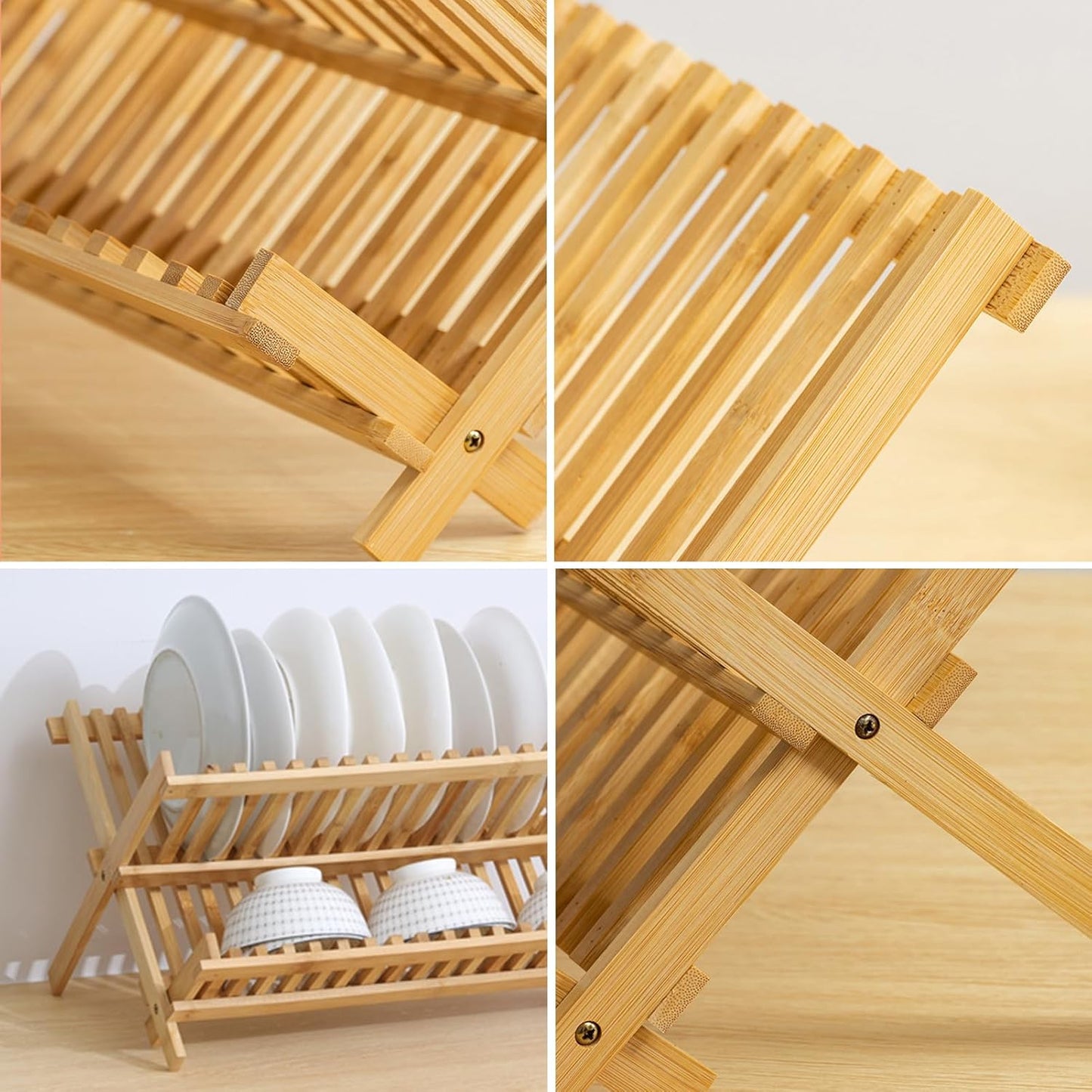 Foldable 2-Tier Bamboo Dish Drying Rack - Space-Saving Collapsible Tabletop Dinnerware Drainer for Plates, Bowls & Cutting Boards