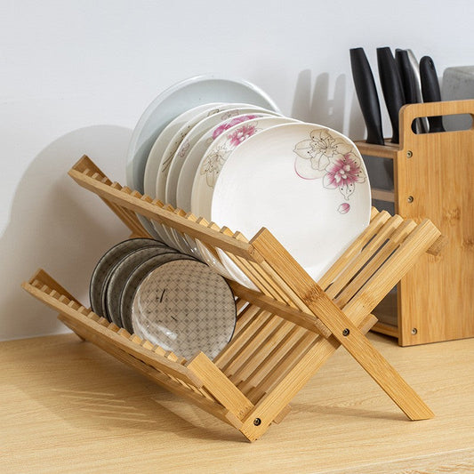 Foldable 2-Tier Bamboo Dish Drying Rack - Space-Saving Collapsible Tabletop Dinnerware Drainer for Plates, Bowls & Cutting Boards
