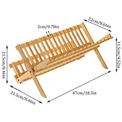 Foldable 2-Tier Bamboo Dish Drying Rack - Space-Saving Collapsible Tabletop Dinnerware Drainer for Plates, Bowls & Cutting Boards
