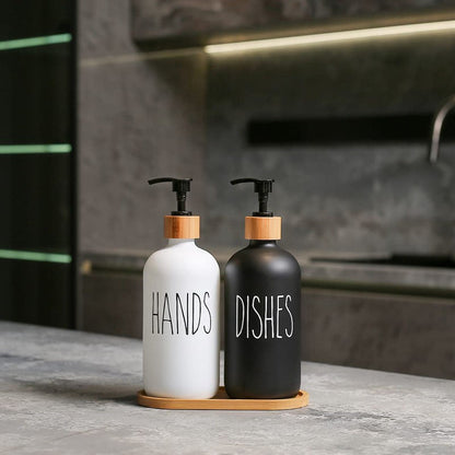 Refillable Glass Soap Dispenser Set with Bamboo Pumps and Tray (16oz, 2-Pack) - Modern Black and White Bottles for Hand and Dish Soap