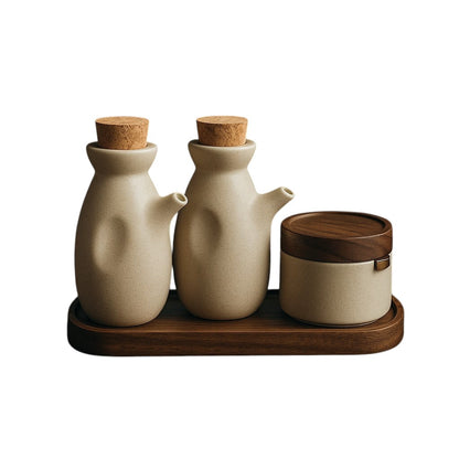 Vurast Minimalist Ceramic Seasoning Jar and Oil Bottle Organizer Set with Bamboo Lids and Tray - Refillable Kitchen Counter Dispenser Pack
