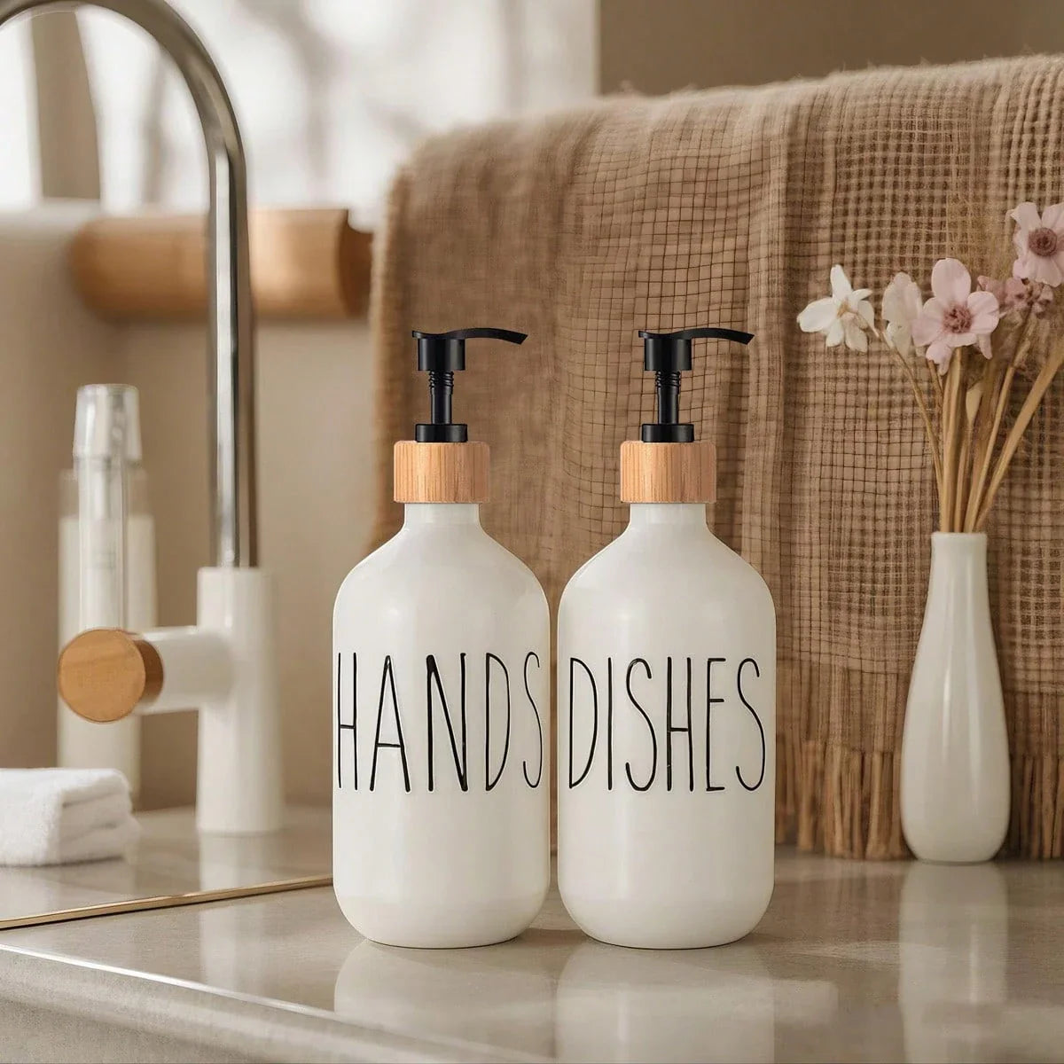Refillable Glass Soap Dispenser Set with Bamboo Pumps and Tray (16oz, 2-Pack) - Modern Black and White Bottles for Hand and Dish Soap