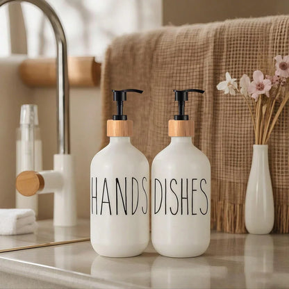 Refillable Glass Soap Dispenser Set with Bamboo Pumps and Tray (16oz, 2-Pack) - Modern Black and White Bottles for Hand and Dish Soap