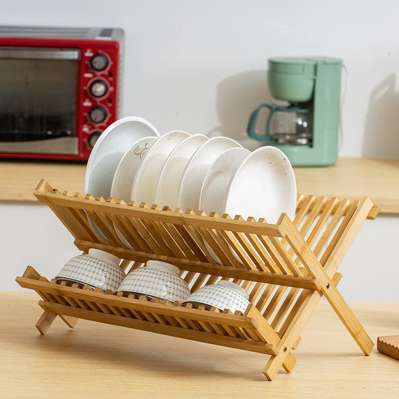 Foldable 2-Tier Bamboo Dish Drying Rack - Space-Saving Collapsible Tabletop Dinnerware Drainer for Plates, Bowls & Cutting Boards