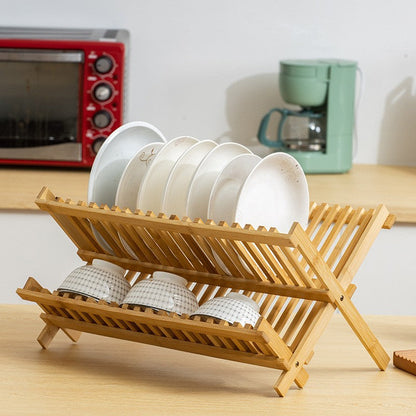 Foldable 2-Tier Bamboo Dish Drying Rack - Space-Saving Collapsible Tabletop Dinnerware Drainer for Plates, Bowls & Cutting Boards