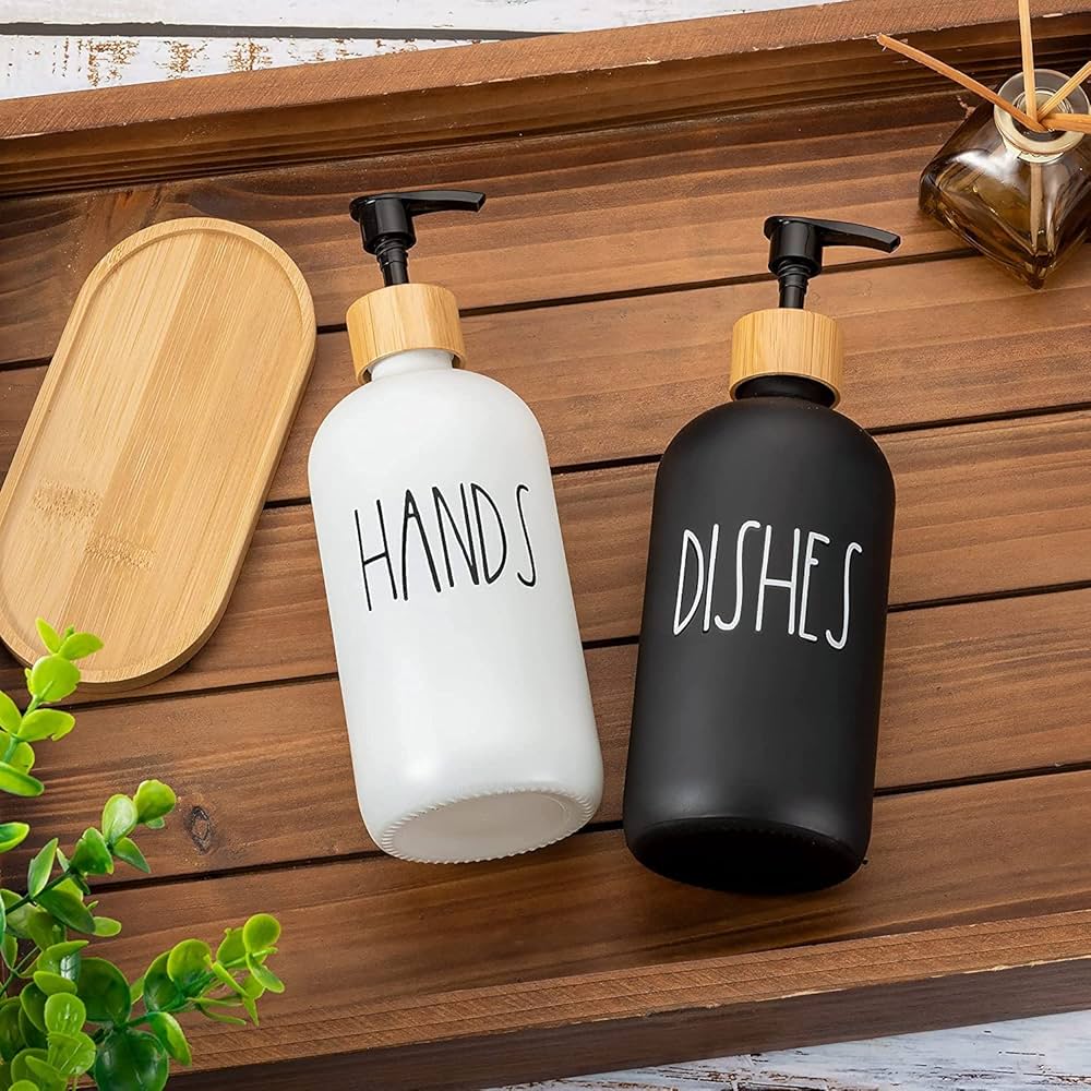 Refillable Glass Soap Dispenser Set with Bamboo Pumps and Tray (16oz, 2-Pack) - Modern Black and White Bottles for Hand and Dish Soap