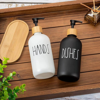 Refillable Glass Soap Dispenser Set with Bamboo Pumps and Tray (16oz, 2-Pack) - Modern Black and White Bottles for Hand and Dish Soap