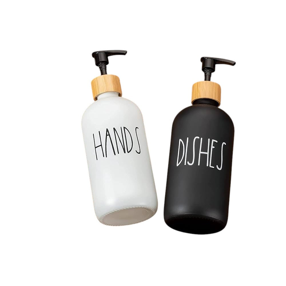 Refillable Glass Soap Dispenser Set with Bamboo Pumps and Tray (16oz, 2-Pack) - Modern Black and White Bottles for Hand and Dish Soap