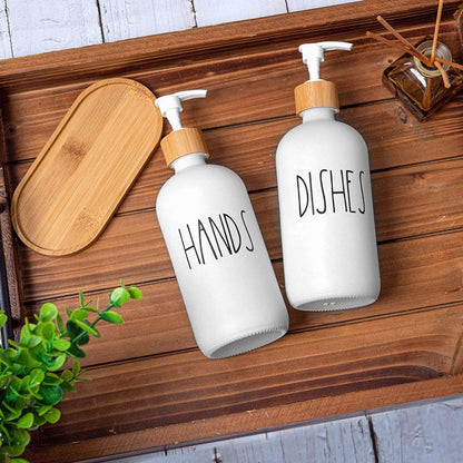 Refillable Glass Soap Dispenser Set with Bamboo Pumps and Tray (16oz, 2-Pack) - Modern Black and White Bottles for Hand and Dish Soap