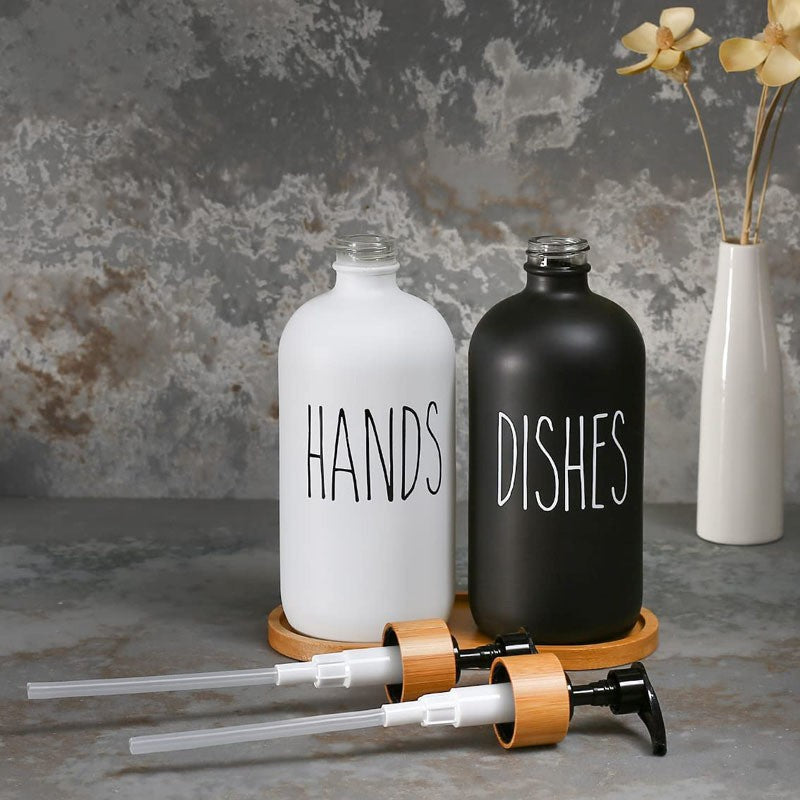 Refillable Glass Soap Dispenser Set with Bamboo Pumps and Tray (16oz, 2-Pack) - Modern Black and White Bottles for Hand and Dish Soap