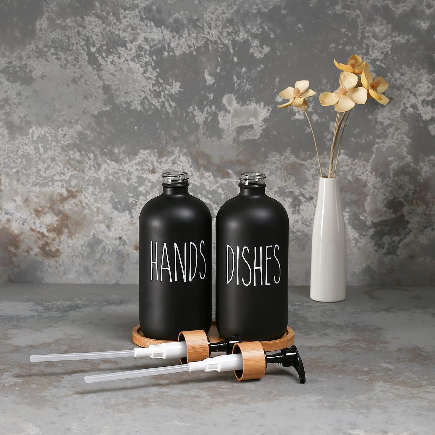 Refillable Glass Soap Dispenser Set with Bamboo Pumps and Tray (16oz, 2-Pack) - Modern Black and White Bottles for Hand and Dish Soap