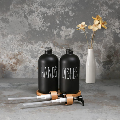 Refillable Glass Soap Dispenser Set with Bamboo Pumps and Tray (16oz, 2-Pack) - Modern Black and White Bottles for Hand and Dish Soap