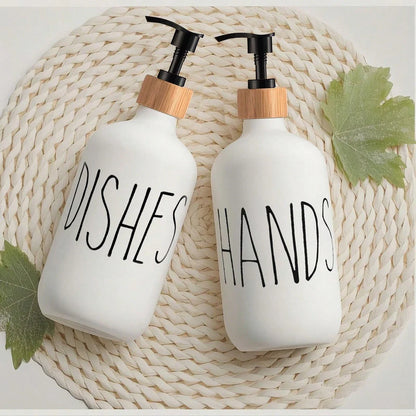 Refillable Glass Soap Dispenser Set with Bamboo Pumps and Tray (16oz, 2-Pack) - Modern Black and White Bottles for Hand and Dish Soap