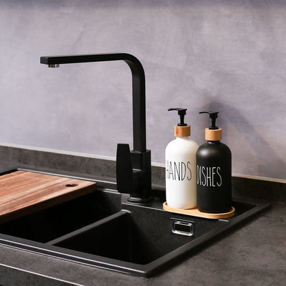 Refillable Glass Soap Dispenser Set with Bamboo Pumps and Tray (16oz, 2-Pack) - Modern Black and White Bottles for Hand and Dish Soap