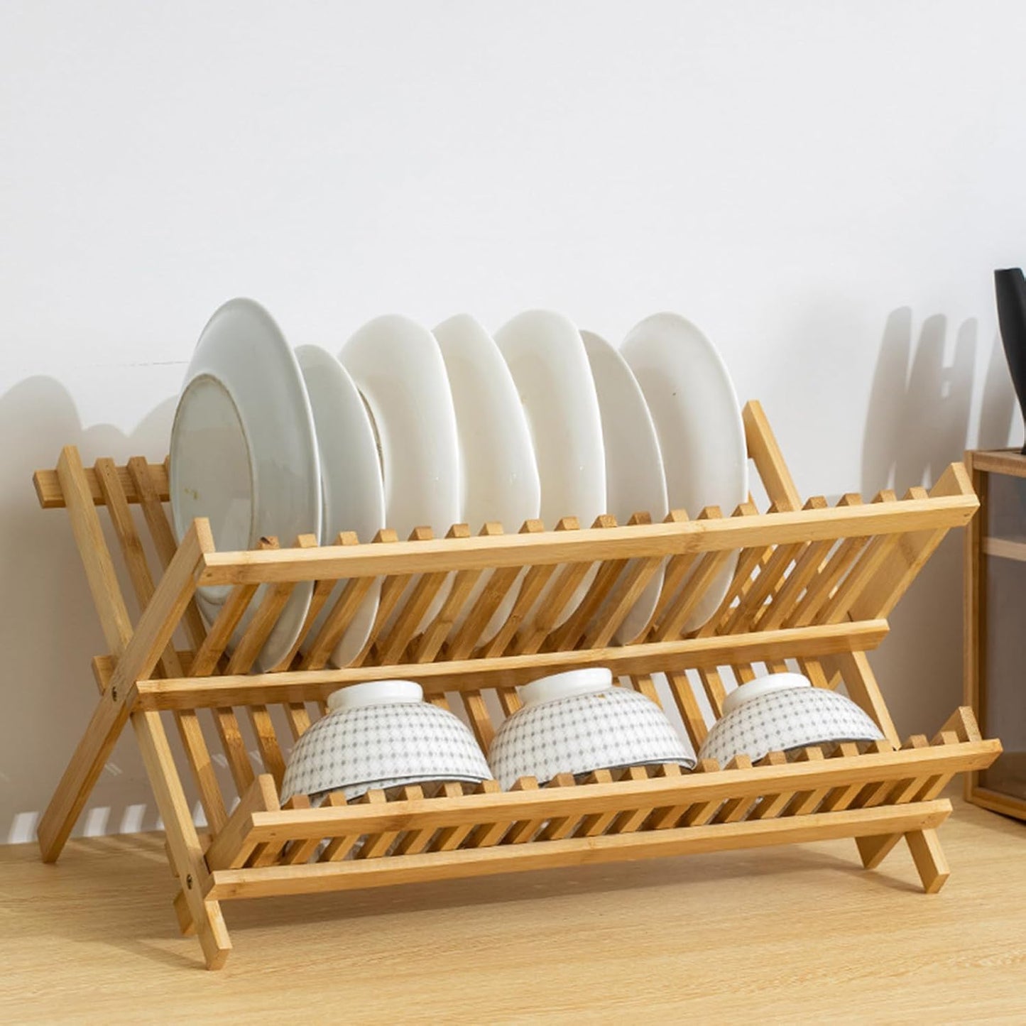 Foldable 2-Tier Bamboo Dish Drying Rack - Space-Saving Collapsible Tabletop Dinnerware Drainer for Plates, Bowls & Cutting Boards