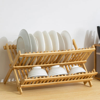 Foldable 2-Tier Bamboo Dish Drying Rack - Space-Saving Collapsible Tabletop Dinnerware Drainer for Plates, Bowls & Cutting Boards