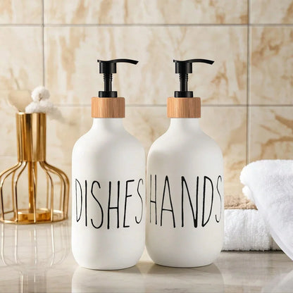 Refillable Glass Soap Dispenser Set with Bamboo Pumps and Tray (16oz, 2-Pack) - Modern Black and White Bottles for Hand and Dish Soap